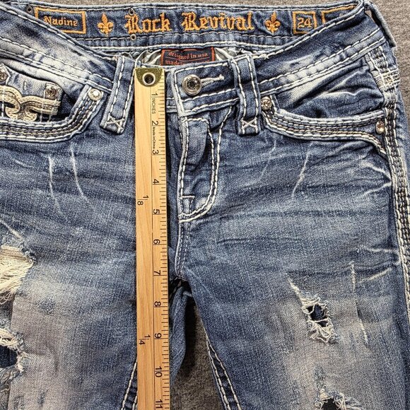 Rock Revival Jeans Womens 24 Bootcut Nadine Distressed Rhinestone Embroidered - Picture 10 of 11